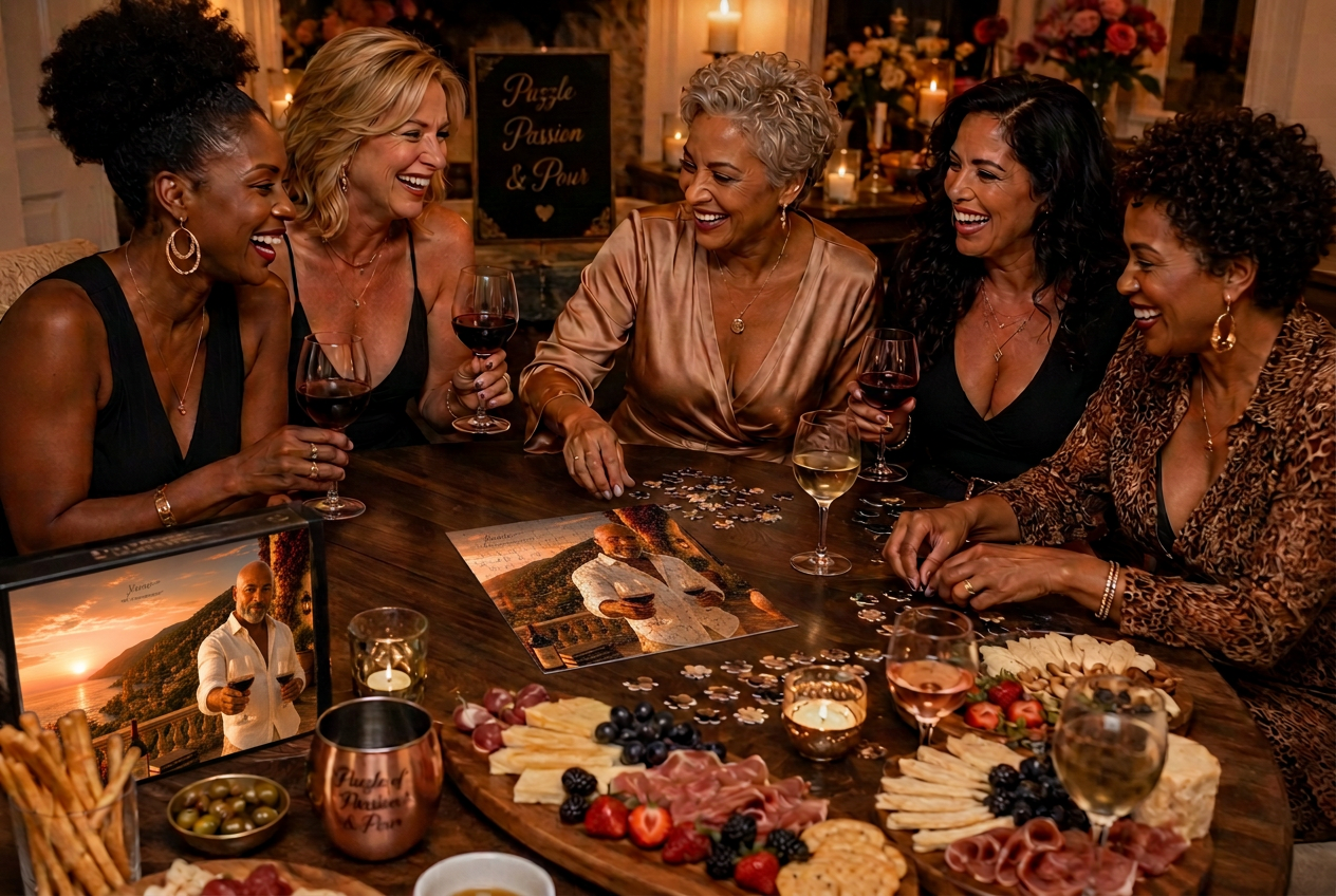 Five women laughing around a candlelit table with wine, a charcuterie spread, and a 252-Piece Pieces of Him™ Social Edition puzzle in progress beneath a Puzzle, Passion & Pour sign
