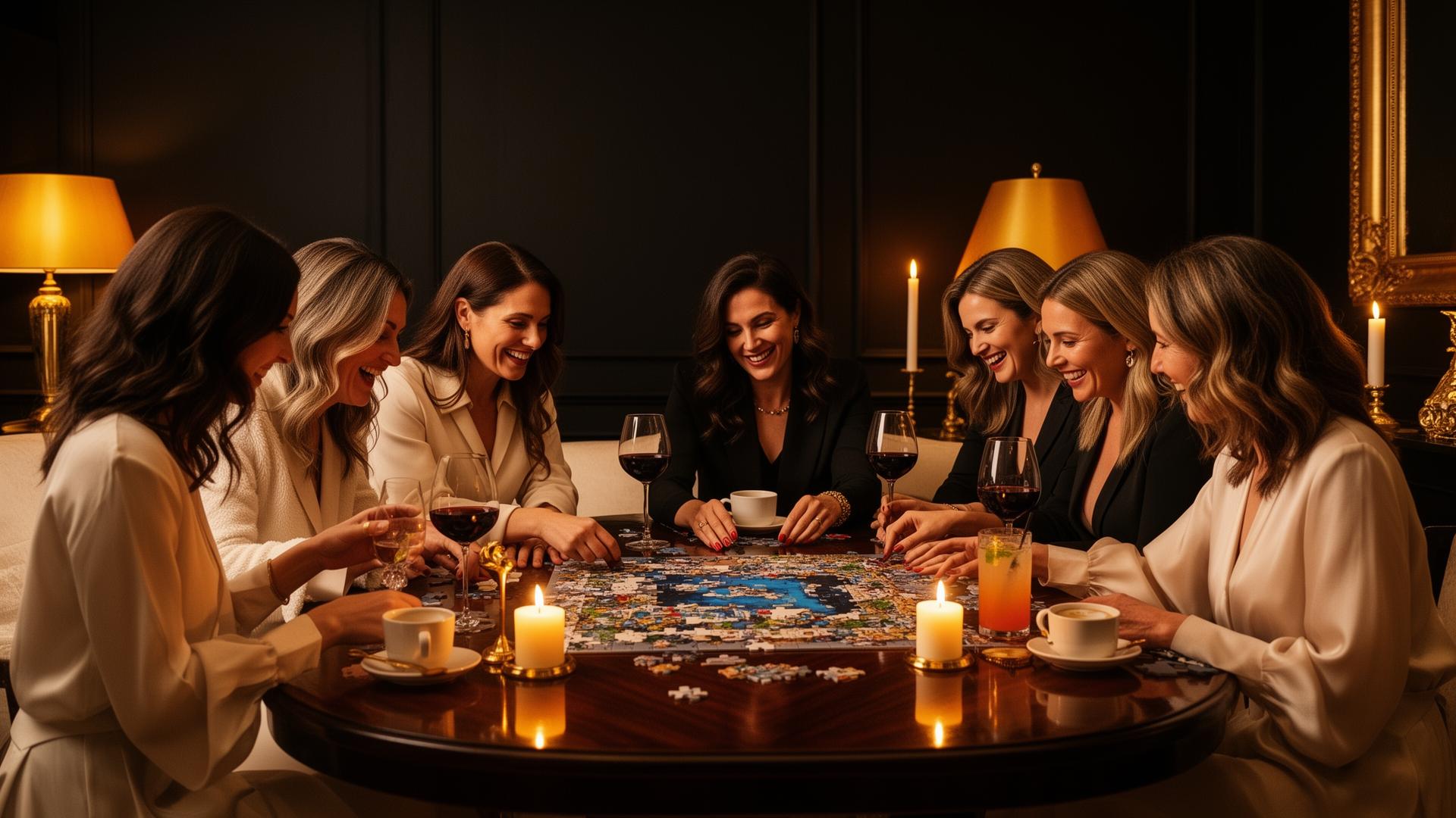 Women gathered around a table enjoying a Puzzle, Passion & Pour™ evening with wine, mocktails, and a collectible puzzle